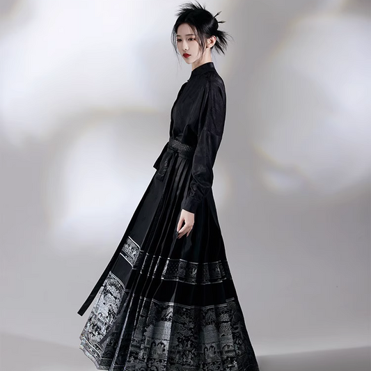 Woman in Black Top Styling Mamian Skirt with Traditional Chinese Elegance