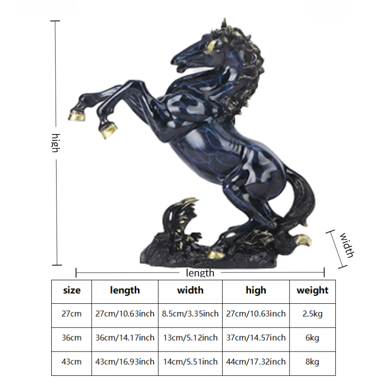 Dimensions chart of the blue brass horse feng shui figurine