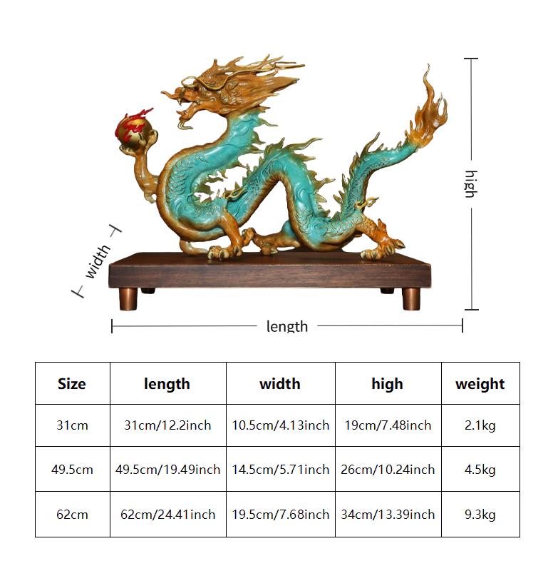 Dimensions chart of the Chinese dragon statue, displaying length, width, height, and weight for three sizes.