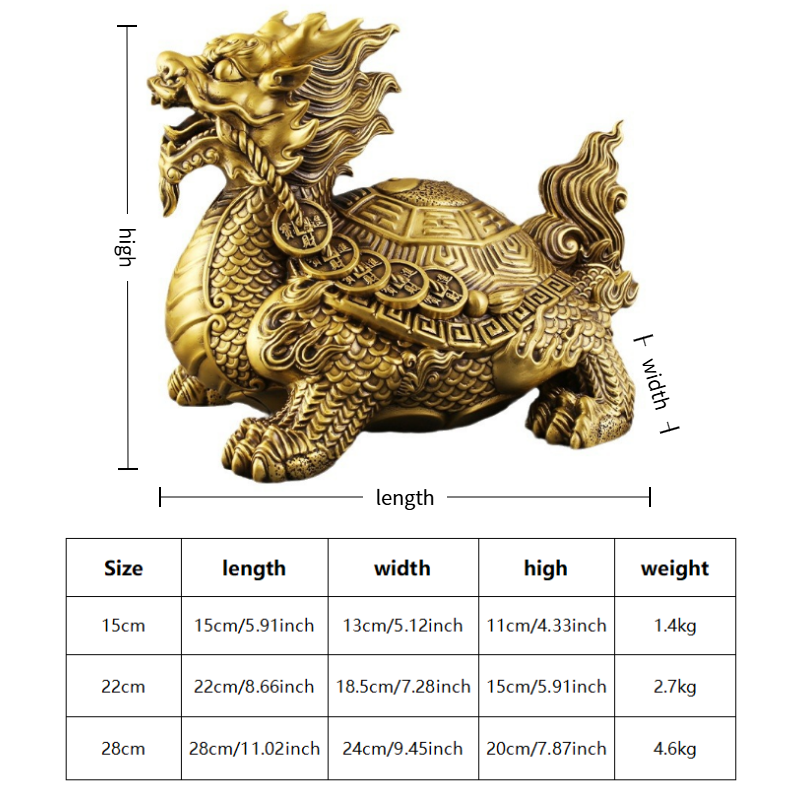 Dimensions chart of the Dragon Tortoise statue, showing length, width, height, and weight for three sizes.