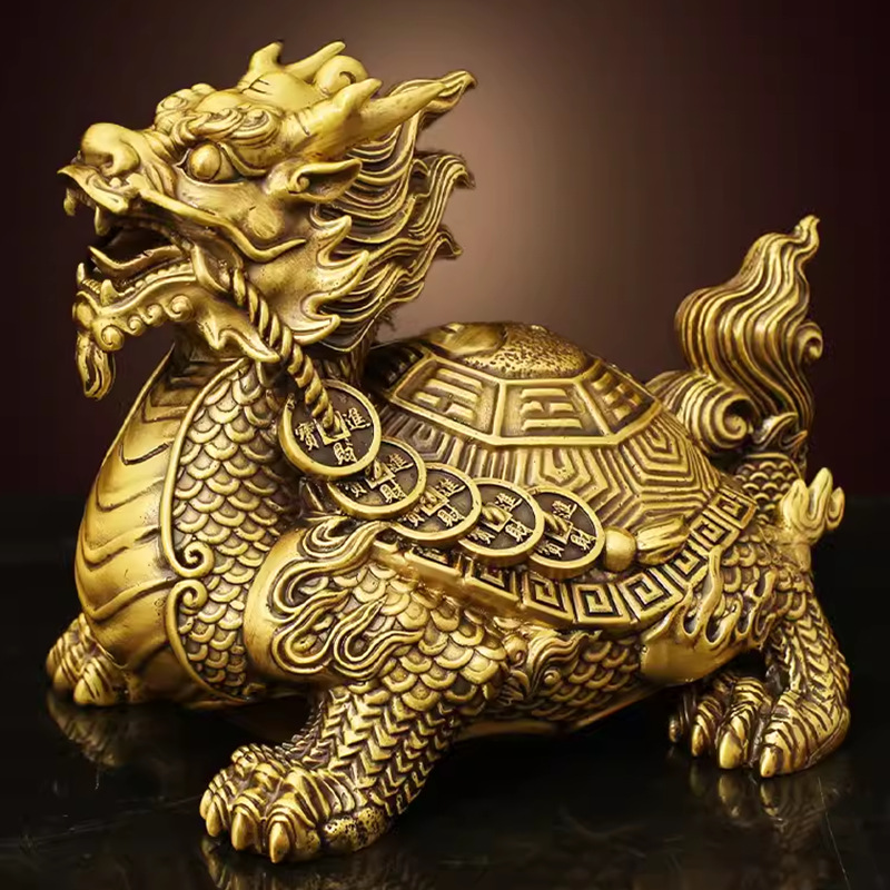 Front view of the Dragon Tortoise statue, crafted from brass, symbolizing prosperity and protection.
