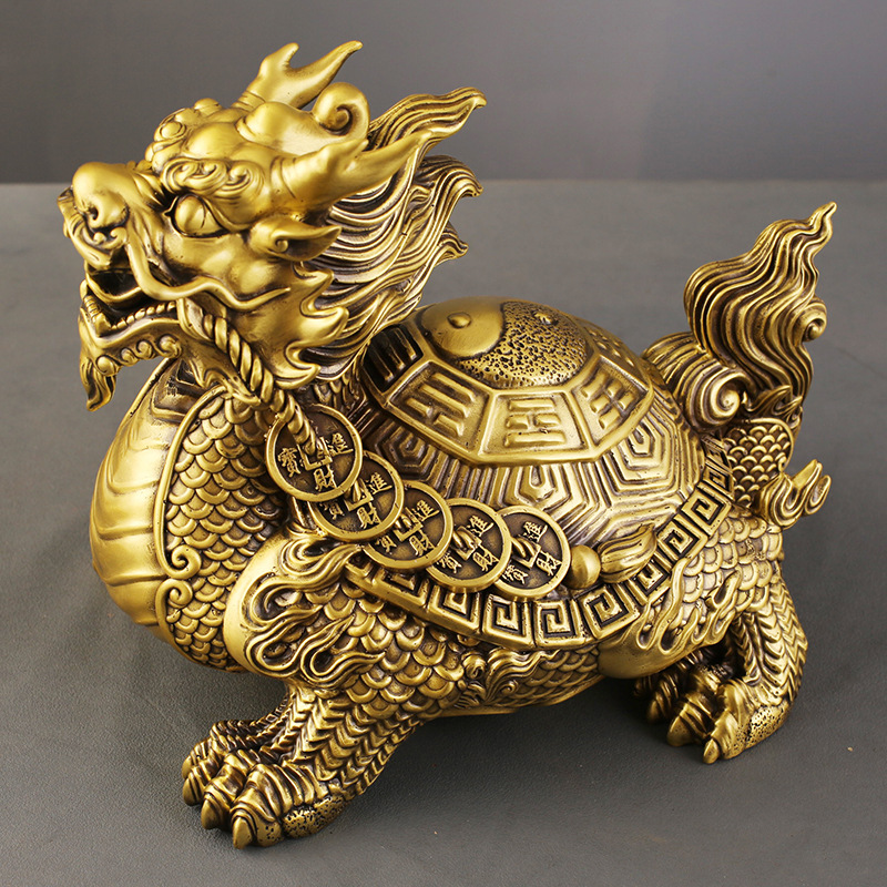 Side view of the Dragon Tortoise statue, showcasing intricate scales and decorative coins.