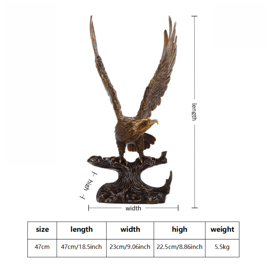 Eagle figurine size chart with dimensions: length 47cm (18.5in), width 23cm (9.06in), height 22.5cm (8.86in), weight 5.5kg