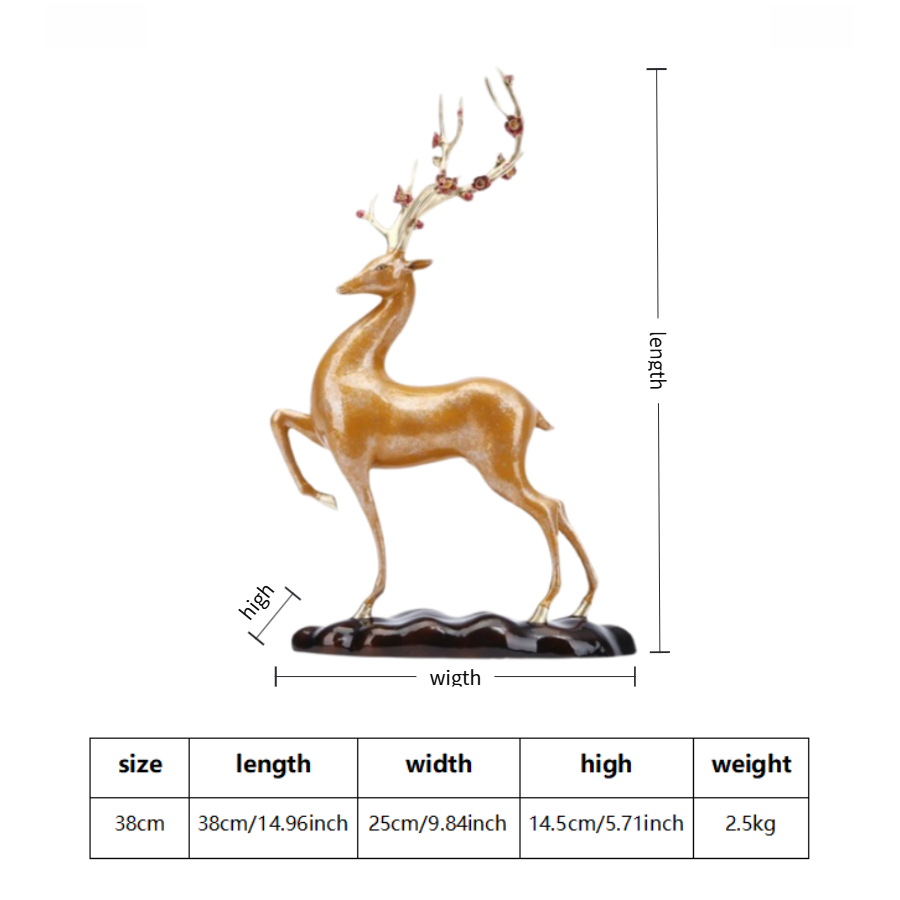 Detailed size chart of Feng Shui brass deer figurine with dimensions for accurate placement.