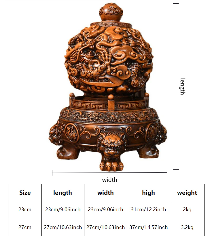 Dimensions chart of the Feng Shui ball, showing length, width, height, and weight for two sizes.