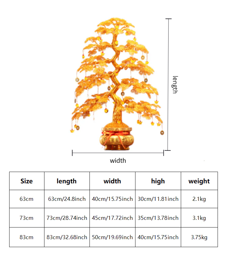 Golden Money Tree Size and Dimension Chart for Feng Shui Ornament