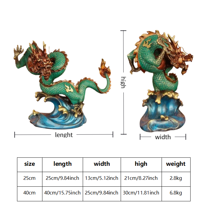 Dimensions chart of the green Chinese dragon statue, showing length, width, height, and weight for two sizes.