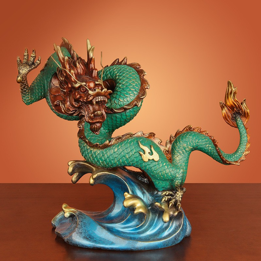 Front view of the green Chinese dragon statue, showcasing its powerful stance and detailed craftsmanship.